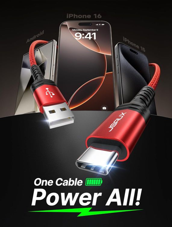Picture of JSAUX USB C Cable (2m 2-Pack) 3.1A Fast Charging, Type C Charger Cable Compatible with iPhone 17 Air 16 15 Pro Max, Samsung Galaxy S24 S23 S22 S21 Note 10 9 8, A14 A15 A25 A35 A53 A55, CarPlay -Red