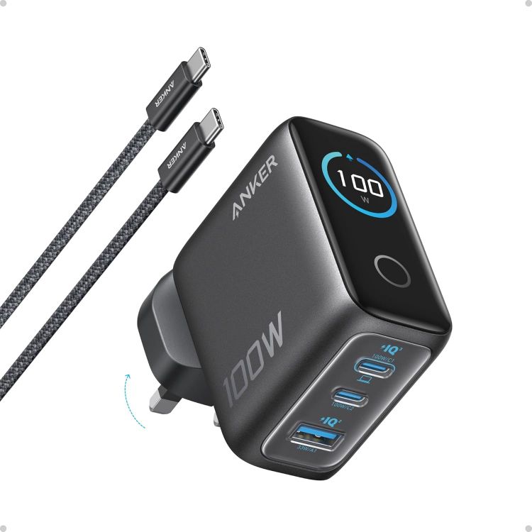 Picture of Anker 100W USB C Charger, 3-Port Fast Charger Plug, Ultra-Compact GaN Laptop Charger, Smart Display, Touch Control, for MacBook, iPad, iPhone 17/16/15 Series (USB-C Cable Included)
