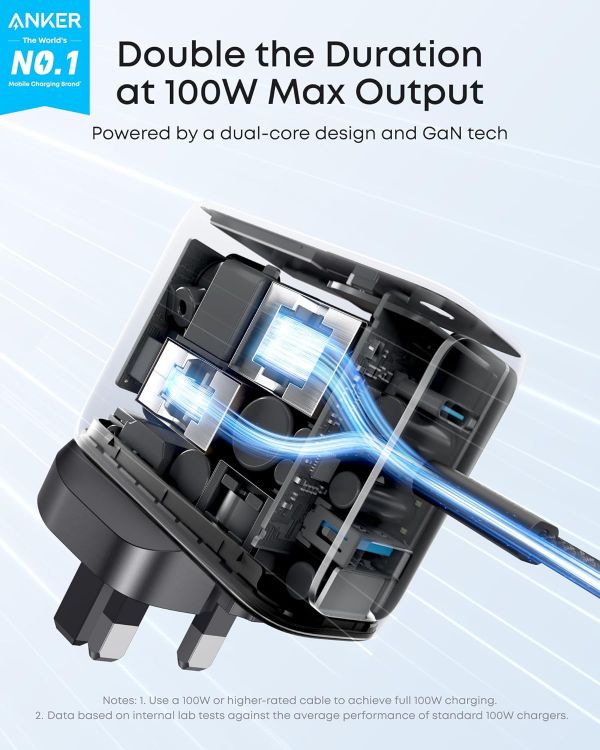 Picture of Anker 100W USB C Charger, 3-Port Fast Charger Plug, Ultra-Compact GaN Laptop Charger, Smart Display, Touch Control, for MacBook, iPad, iPhone 17/16/15 Series (USB-C Cable Included)