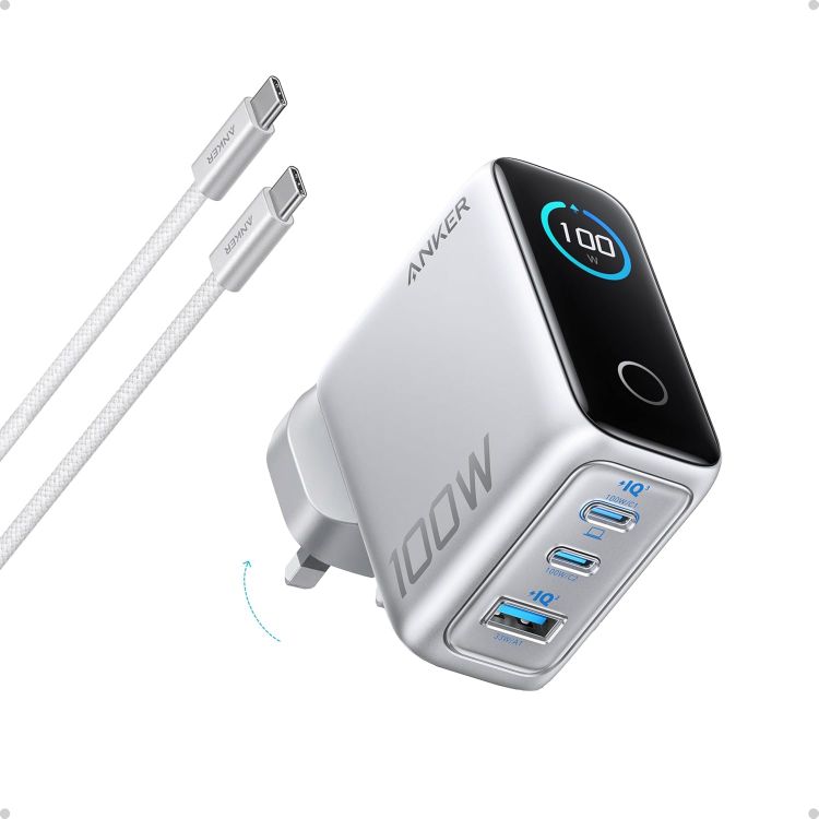 Picture of Anker 100W USB C Charger, 3-Port Fast Charger Plug, Ultra-Compact GaN Laptop Charger, Smart Display, Touch Control, for MacBook, iPad, iPhone 17/16/15 Series (Silver, USB-C Cable Included)