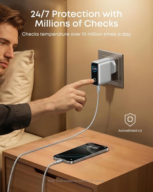 Picture of Anker 100W USB C Charger, 3-Port Fast Charger Plug, Ultra-Compact GaN Laptop Charger, Smart Display, Touch Control, for MacBook, iPad, iPhone 17/16/15 Series (Silver, USB-C Cable Included)