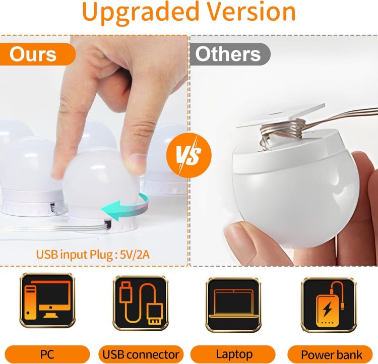 Picture of daphomeu Mirror Lights 10 Bulbs, Hollywood Mirror Light Kit, Vanity Lights Perfectly Hidden Cables, 3 Colors and 10 Intensities, USB Make up Lamp for Dressing Table, Bathroom, Bedroom