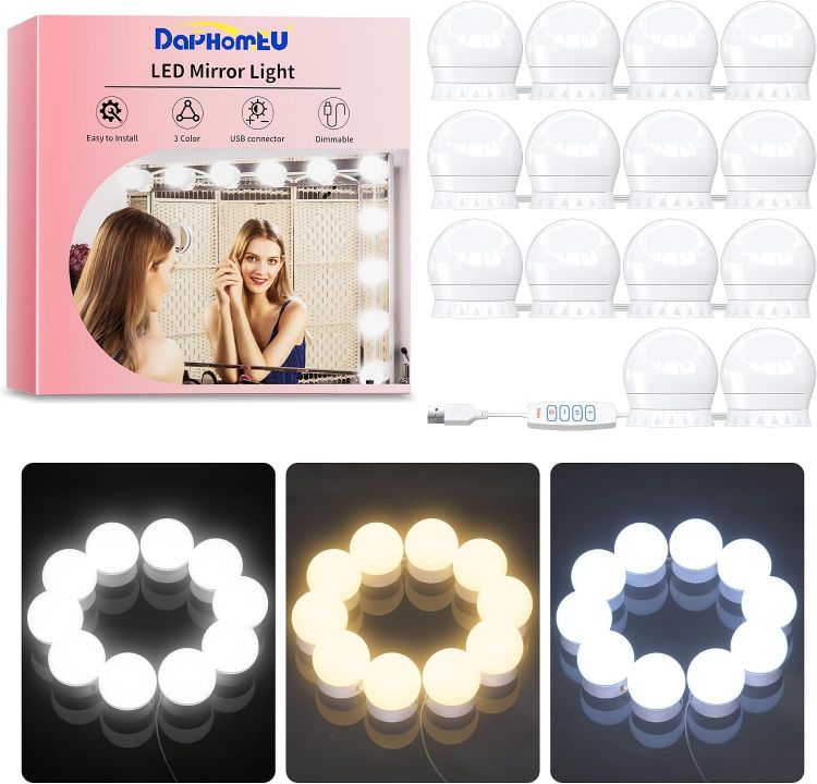 Picture of daphomeu Mirror Lights 10 Bulbs, Hollywood Mirror Light Kit, Vanity Lights Perfectly Hidden Cables, 3 Colors and 10 Intensities, USB Make up Lamp for Dressing Table, Bathroom, Bedroom