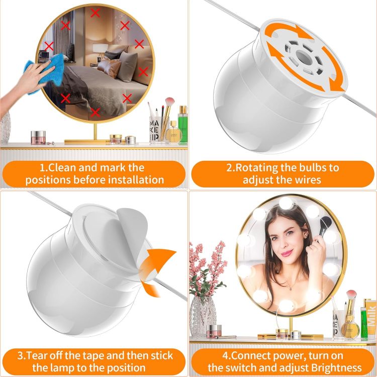 Picture of daphomeu Mirror Lights 10 Bulbs, Hollywood Mirror Light Kit, Vanity Lights Perfectly Hidden Cables, 3 Colors and 10 Intensities, USB Make up Lamp for Dressing Table, Bathroom, Bedroom