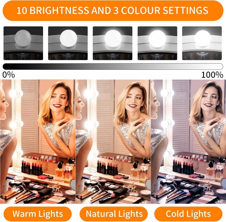 Picture of daphomeu Mirror Lights 10 Bulbs, Hollywood Mirror Light Kit, Vanity Lights Perfectly Hidden Cables, 3 Colors and 10 Intensities, USB Make up Lamp for Dressing Table, Bathroom, Bedroom