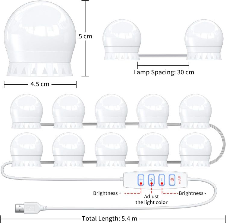 Picture of daphomeu Mirror Lights 10 Bulbs, Hollywood Mirror Light Kit, Vanity Lights Perfectly Hidden Cables, 3 Colors and 10 Intensities, USB Make up Lamp for Dressing Table, Bathroom, Bedroom