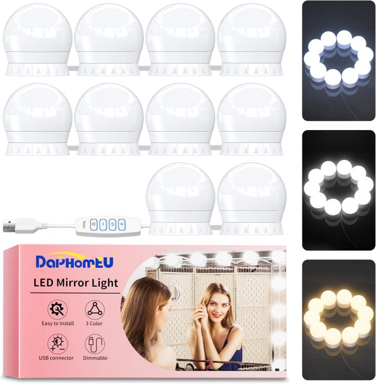 Picture of daphomeu Mirror Lights 10 Bulbs, Hollywood Mirror Light Kit, Vanity Lights Perfectly Hidden Cables, 3 Colors and 10 Intensities, USB Make up Lamp for Dressing Table, Bathroom, Bedroom