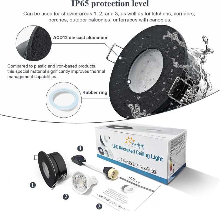 Picture of Waterproof Downlight Black,IP65 Recessed Ceiling Light Warm White 3000K,5W GU10 Downlights for Bathroom Ceiling,430Lumen LED Bathroom Spotlight,Cutout 68-75mm,4 Pack