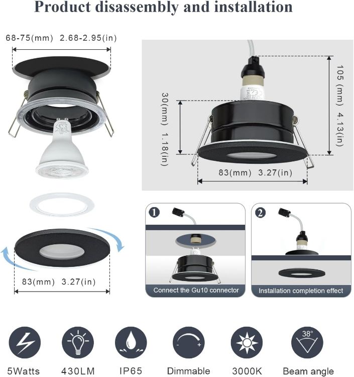 Picture of Waterproof Downlight Black,IP65 Recessed Ceiling Light Warm White 3000K,5W GU10 Downlights for Bathroom Ceiling,430Lumen LED Bathroom Spotlight,Cutout 68-75mm,4 Pack