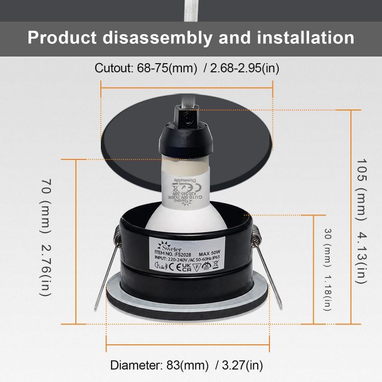 Picture of Waterproof Downlight Black,IP65 Recessed Ceiling Light Warm White 3000K,5W GU10 Downlights for Bathroom Ceiling,430Lumen LED Bathroom Spotlight,Cutout 68-75mm,4 Pack
