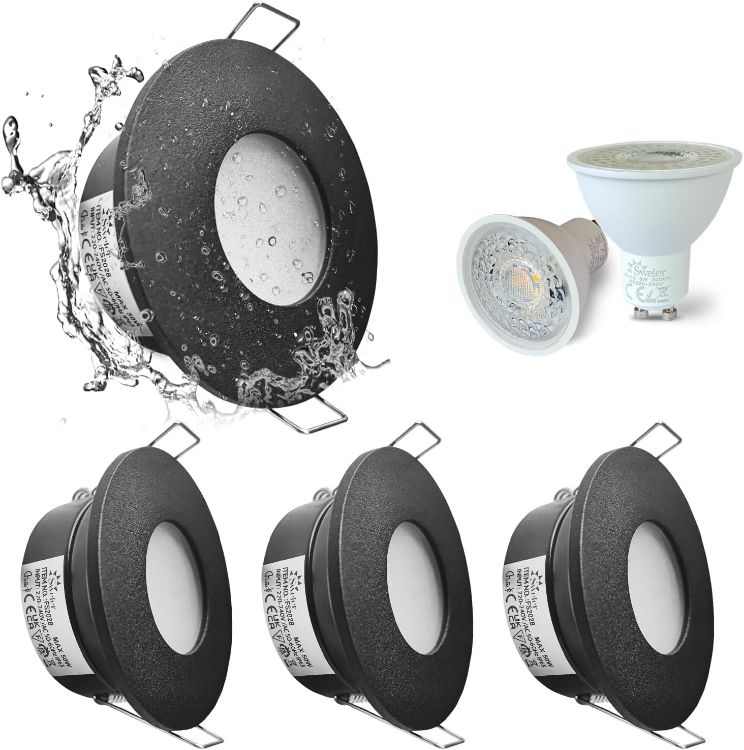 Picture of Waterproof Downlight Black,IP65 Recessed Ceiling Light Warm White 3000K,5W GU10 Downlights for Bathroom Ceiling,430Lumen LED Bathroom Spotlight,Cutout 68-75mm,4 Pack
