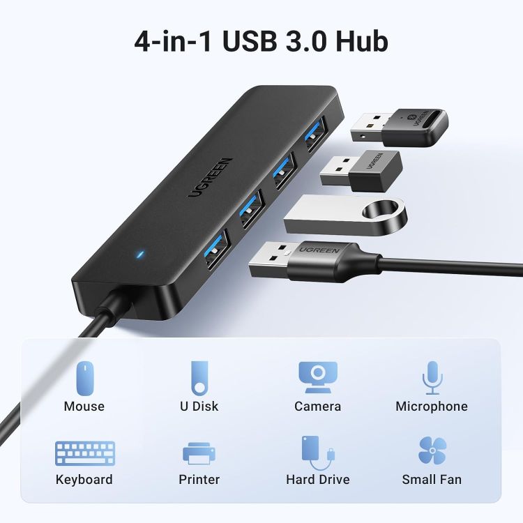 Picture of UGREEN USB Hub 3.0, USB Splitter 4 Port Ultra Slim with 5Gbps Data Transfer, USB Extender for Mouse, Keyboard, Flash Drive, Card Reader, Printer, Compatible with Laptop, Desktop PC, Xbox, PS5, etc.
