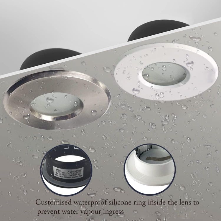 Picture of 4XSweier Waterproof LED Bathroom Spotlights IP65, 5W Warm White 3000K 430LM, Suitable for Bathroom and Kitchen LED Downlights Ceiling (Including GU10 lamp Holder) Satin Nickel Downlight Cut-Out 68mm