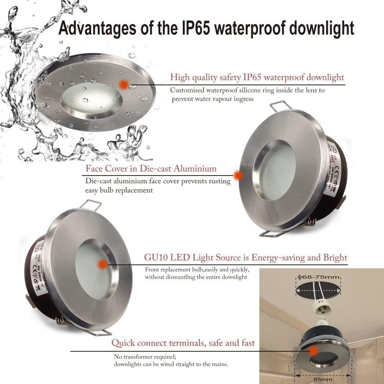 Picture of 4XSweier Waterproof LED Bathroom Spotlights IP65, 5W Warm White 3000K 430LM, Suitable for Bathroom and Kitchen LED Downlights Ceiling (Including GU10 lamp Holder) Satin Nickel Downlight Cut-Out 68mm