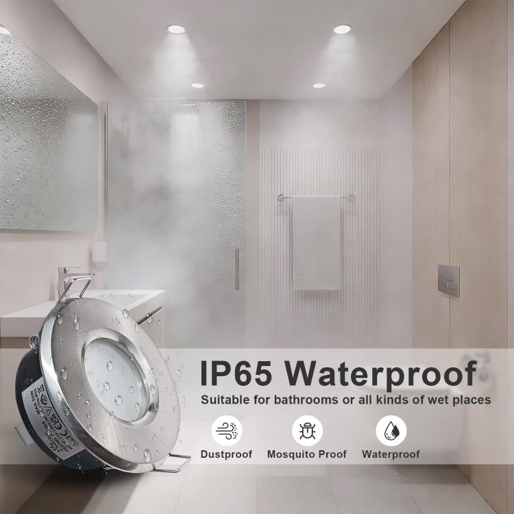 Picture of 4XSweier Waterproof LED Bathroom Spotlights IP65, 5W Warm White 3000K 430LM, Suitable for Bathroom and Kitchen LED Downlights Ceiling (Including GU10 lamp Holder) Satin Nickel Downlight Cut-Out 68mm