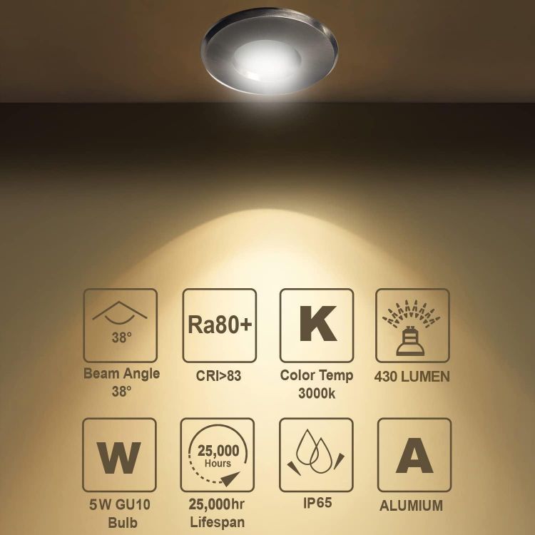 Picture of 4XSweier Waterproof LED Bathroom Spotlights IP65, 5W Warm White 3000K 430LM, Suitable for Bathroom and Kitchen LED Downlights Ceiling (Including GU10 lamp Holder) Satin Nickel Downlight Cut-Out 68mm