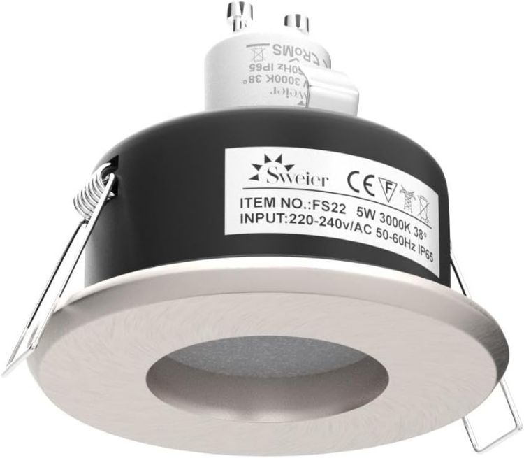 Picture of 4XSweier Waterproof LED Bathroom Spotlights IP65, 5W Warm White 3000K 430LM, Suitable for Bathroom and Kitchen LED Downlights Ceiling (Including GU10 lamp Holder) Satin Nickel Downlight Cut-Out 68mm