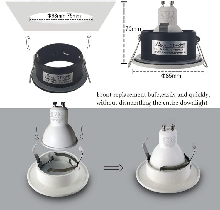 Picture of 4XSweier Waterproof LED Bathroom Spotlights IP65, 5W Warm White 3000K 430LM, Suitable for Bathroom and Kitchen LED Downlights Ceiling (Including GU10 lamp Holder) Satin Nickel Downlight Cut-Out 68mm