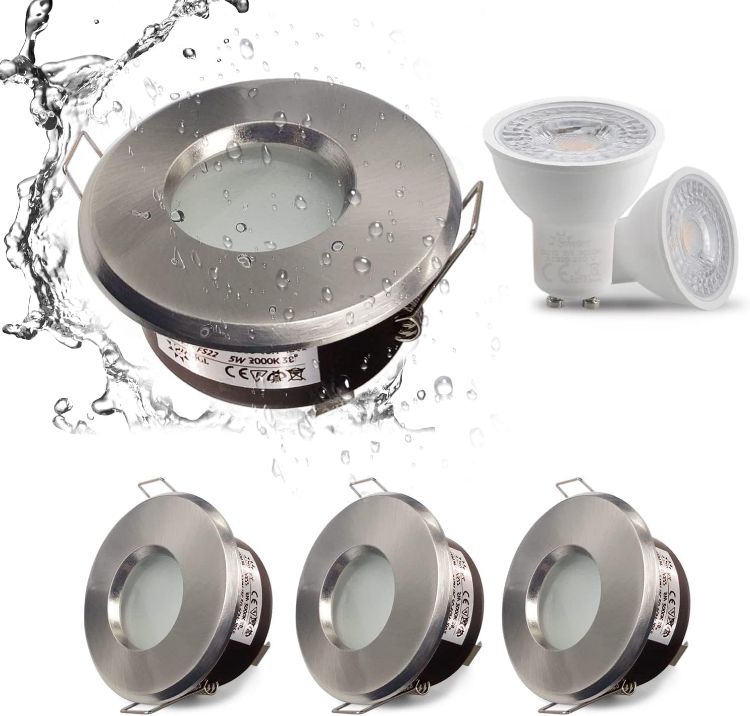 Picture of 4XSweier Waterproof LED Bathroom Spotlights IP65, 5W Warm White 3000K 430LM, Suitable for Bathroom and Kitchen LED Downlights Ceiling (Including GU10 lamp Holder) Satin Nickel Downlight Cut-Out 68mm