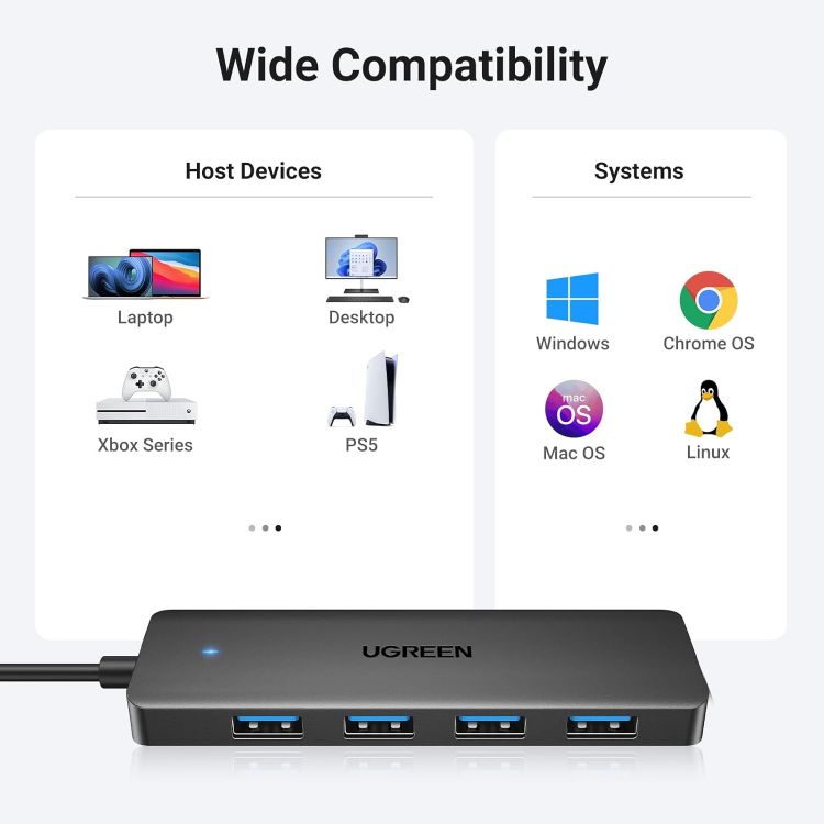 Picture of UGREEN USB C Hub, USB HUB 3.0 with 15CM Extension Cable, USB Adapter with 4*USB-A Ports, Slim USB C Splitter for Mouse, Keyboard, Card Reader, Compatible with Laptop, Desktop PC, Mobile Phone, etc. | High Speed Transfer 5Gbps Compatible with MacBook iMac Surface XPS PC Laptop Hard Disk Keyboard Mouse