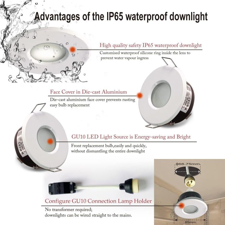 Picture of 4XSweier 5W IP65 Waterproof LED Recessed Ceiling Lights, Warm White 3000K 430LM, Suitable for Bathroom and Kitchen Spotlights (Including GU10 lamp Holder) White Downlight Cut-Out 68mm