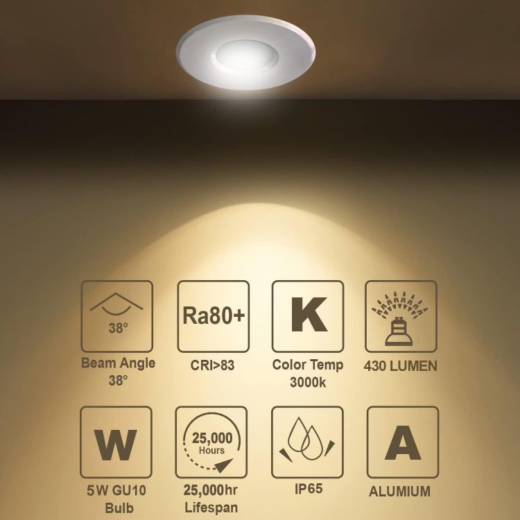 Picture of 4XSweier 5W IP65 Waterproof LED Recessed Ceiling Lights, Warm White 3000K 430LM, Suitable for Bathroom and Kitchen Spotlights (Including GU10 lamp Holder) White Downlight Cut-Out 68mm