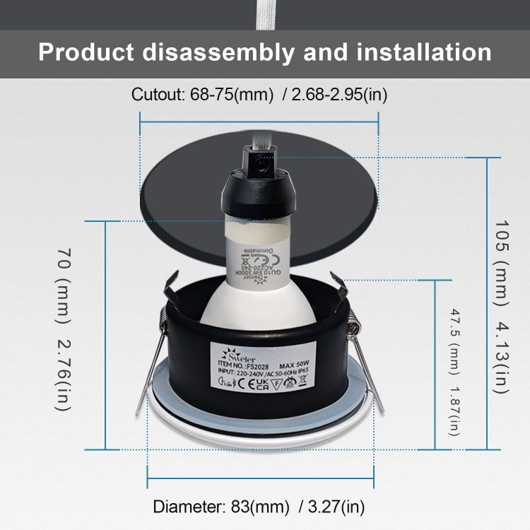 Picture of 4XSweier 5W IP65 Waterproof LED Recessed Ceiling Lights, Warm White 3000K 430LM, Suitable for Bathroom and Kitchen Spotlights (Including GU10 lamp Holder) White Downlight Cut-Out 68mm