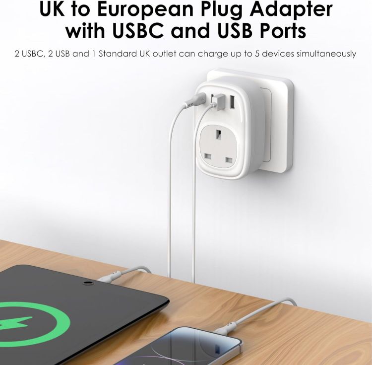 Picture of UK to European Plug Adapter - UK to EU Euro Europe Schuko 40W USB C Fast Travel Plug Adaptor Grounded USBC Type C Charger for Spain Turkey France Germany Iceland Poland Greece Russia (Type E/F)Tusreda
