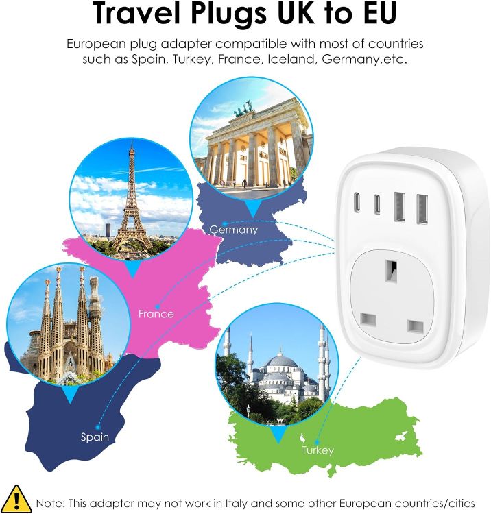 Picture of UK to European Plug Adapter - UK to EU Euro Europe Schuko 40W USB C Fast Travel Plug Adaptor Grounded USBC Type C Charger for Spain Turkey France Germany Iceland Poland Greece Russia (Type E/F)Tusreda