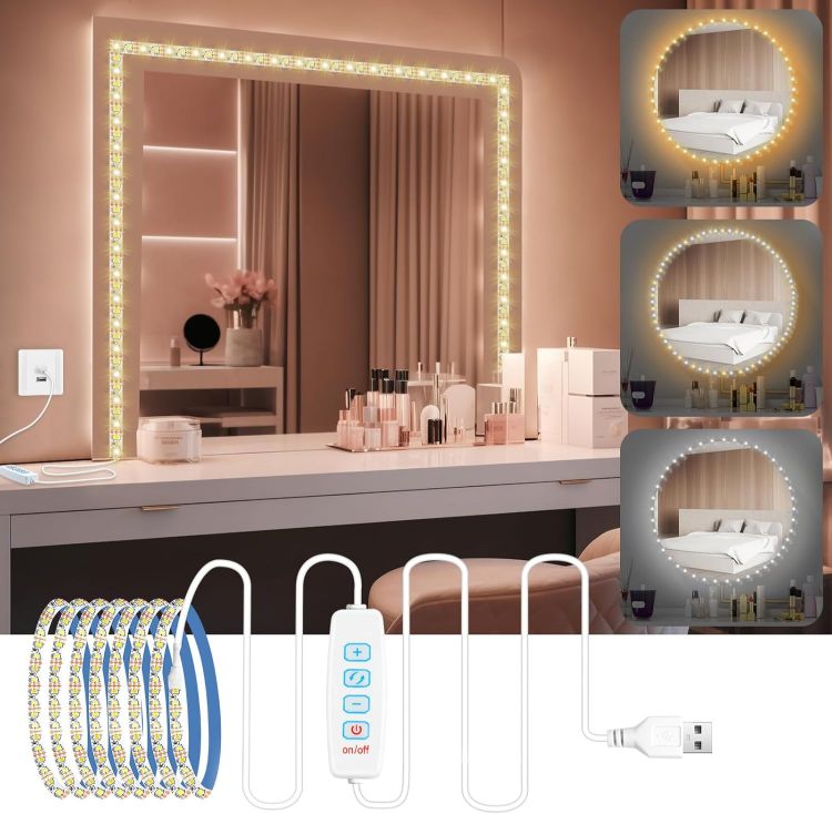 Picture of URAQT LED Mirror Light, Dimmable LED Mirror Lights, Dressing Table Light, Makeup Lights, Makeup Lamp, Dressing Table Ligh, 3 Colours and 9 Dimming Levels, 2 m