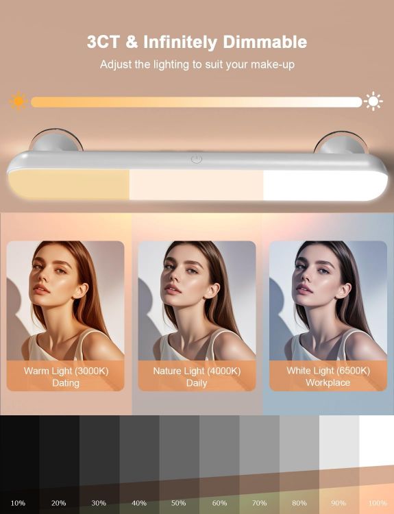 Picture of GOVSSING Makeup Mirror Lights Stick On Mirror, Vanity Lights with USB 5000mAh Rechargeable Battery Operated, Make Up Light with Remote, Magnetic Dressing Table Lights with 3 Color Temps for Bathroom