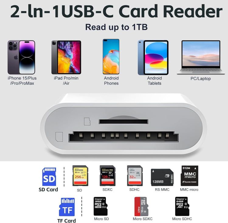 Picture of USB C SD Card Reader, Type C Card Reader with Dual Slot Memory Card Reader Trail Camera Viewer USB C to SD Card OTG Adapter for iPhone 15 16/iPad/MacBook/Mac, and More Type-C Devices, Plug and Play