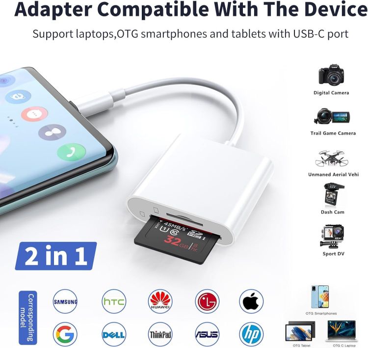 Picture of USB C SD Card Reader, Type C Card Reader with Dual Slot Memory Card Reader Trail Camera Viewer USB C to SD Card OTG Adapter for iPhone 15 16/iPad/MacBook/Mac, and More Type-C Devices, Plug and Play