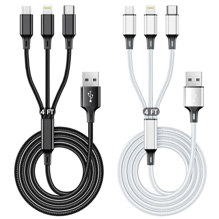 Picture of Multi Charging Cable 2 Packs, 3A 3 in 1 Charging Cord,1.25M Nylon Braided Multiple USB Cable with iP Micro USB Type C Port for iPhone,Samsung,PS4, Tablet, Xiaomi and More（Black+Sliver）