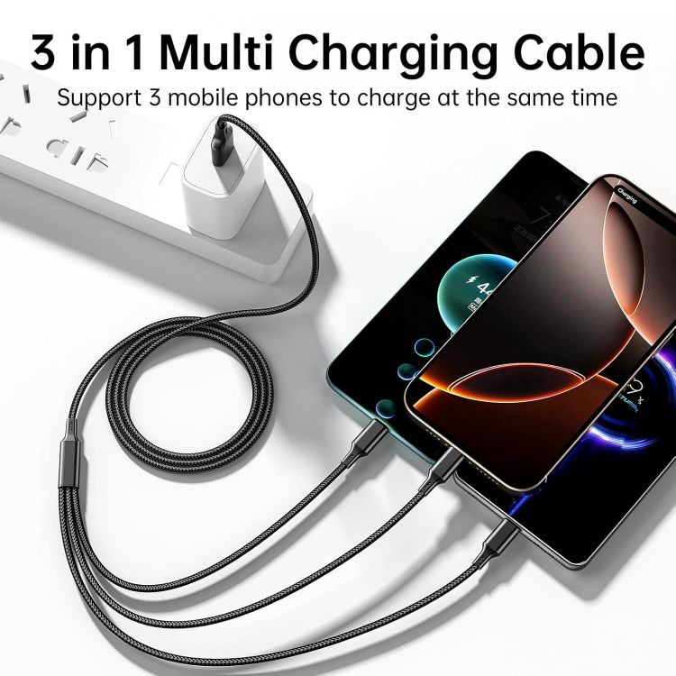 Picture of Multi Charging Cable 2 Packs, 3A 3 in 1 Charging Cord,1.25M Nylon Braided Multiple USB Cable with iP Micro USB Type C Port for iPhone,Samsung,PS4, Tablet, Xiaomi and More（Black+Sliver）