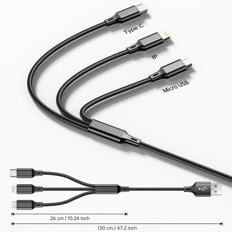 Picture of Multi Charging Cable 2 Packs, 3A 3 in 1 Charging Cord,1.25M Nylon Braided Multiple USB Cable with iP Micro USB Type C Port for iPhone,Samsung,PS4, Tablet, Xiaomi and More（Black+Sliver）