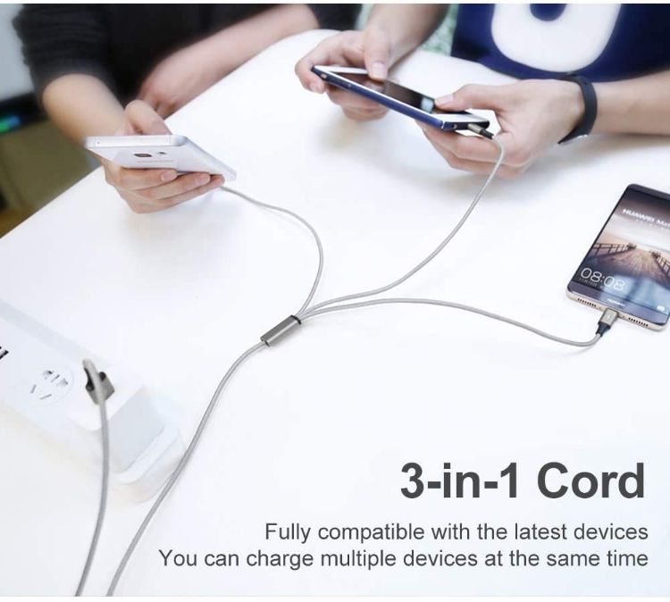 Picture of Multi Charging Cable 2 Packs, 3A 3 in 1 Charging Cord,1.25M Nylon Braided Multiple USB Cable with iP Micro USB Type C Port for iPhone,Samsung,PS4, Tablet, Xiaomi and More（Black+Sliver）