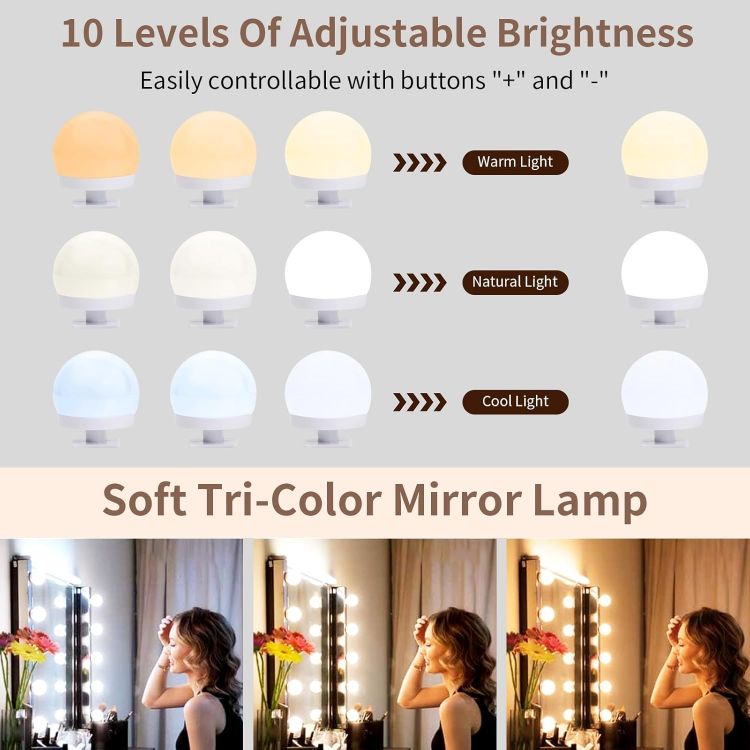 Picture of Vanity Mirror Lights Kits, 10 Bulbs Hollywood Style LED Makeup Lights with USB Cable, 3 Colour Changing & 9-Level Brightness, Make up Light for Dressing Table Room, Bathroom, Bedroom