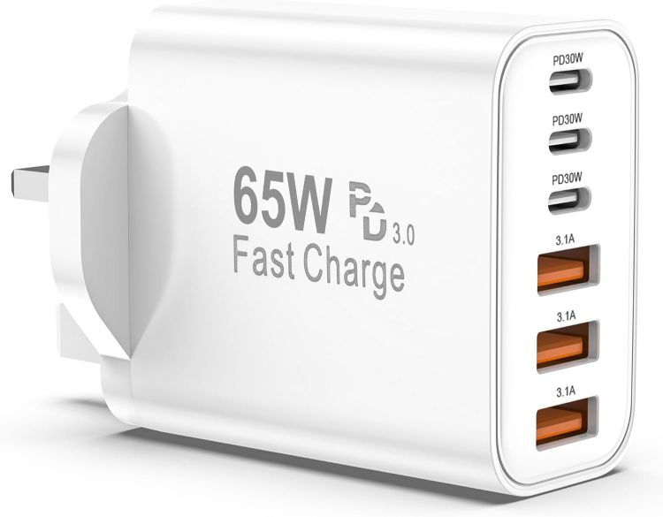 Picture of USB C Plug Fast Charge, 65W 6-Port Multi USB Charger Plug UK Power Adapter + Wall Plug port, 25W(MAX) Type C Charging Plug for iPhone 17 16 15 14 13 12 11 Pro Max XS XR8, for ipad-3 Type C+3 USB A