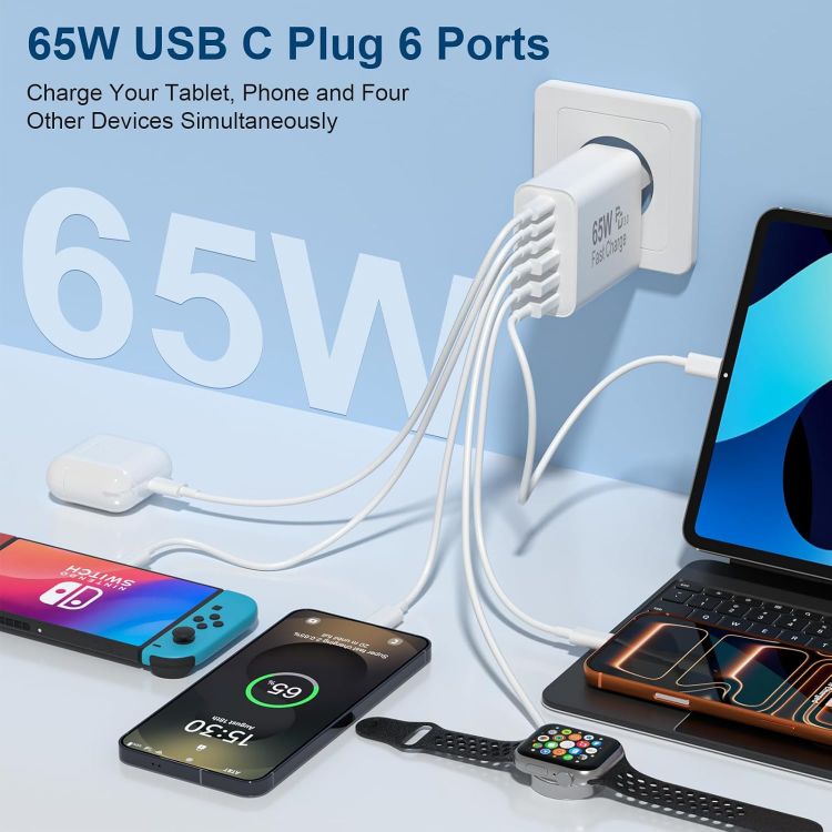 Picture of USB C Plug Fast Charge, 65W 6-Port Multi USB Charger Plug UK Power Adapter + Wall Plug port, 25W(MAX) Type C Charging Plug for iPhone 17 16 15 14 13 12 11 Pro Max XS XR8, for ipad-3 Type C+3 USB A