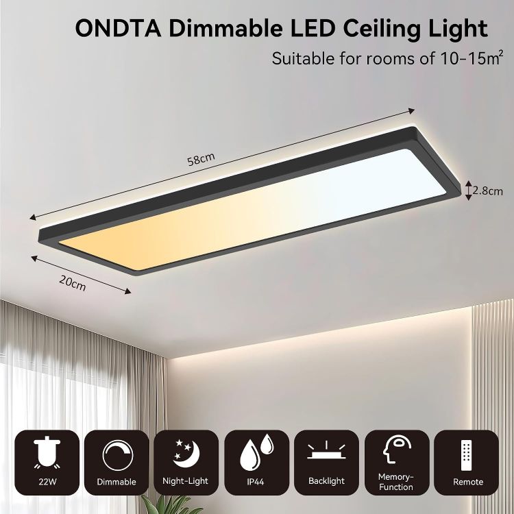Picture of ONDTA Black Ceiling Lights 22W, 2800LM, 23x8'' 2700K-6500K Dimmable | with Remote control, Memory function, IP44, rectangular, Modern ultra thin LED Panel for kitchen, bedroom, bathroom, office