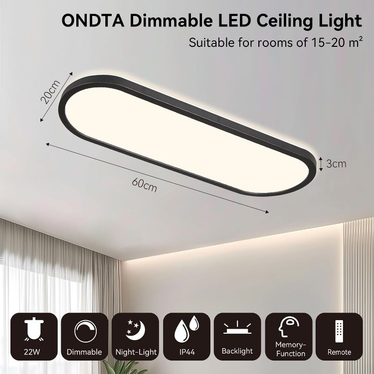 Picture of ONDTA LED Ceiling Light 22W, 23.6x8'' 2700K-6500K 3000LM Oval Black | Dimmable with Remote Control, Memory function, IP44 Waterproof, Modern LED Panel for Bathroom, Kitchen, Bedroom, Office