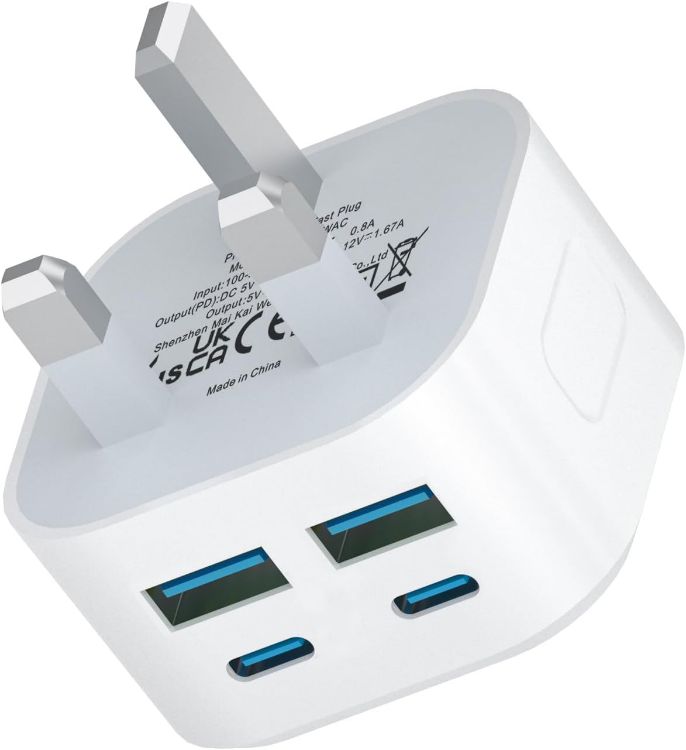 Picture of USB C Plug Fast Charger, i Phone 40W Multi USB Plug UK Chargers Plug 4-Port Dual PD Power USBC Wall Plug Multiport Mains Type C Charging for iPhone 17 16 15 14 13 12 11 Pro Max Plus,iPad,Apple Watch