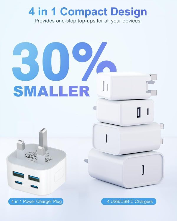 Picture of USB C Plug Fast Charger, i Phone 40W Multi USB Plug UK Chargers Plug 4-Port Dual PD Power USBC Wall Plug Multiport Mains Type C Charging for iPhone 17 16 15 14 13 12 11 Pro Max Plus,iPad,Apple Watch