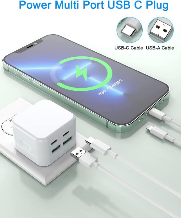 Picture of USB C Plug Fast Charger, i Phone 40W Multi USB Plug UK Chargers Plug 4-Port Dual PD Power USBC Wall Plug Multiport Mains Type C Charging for iPhone 17 16 15 14 13 12 11 Pro Max Plus,iPad,Apple Watch