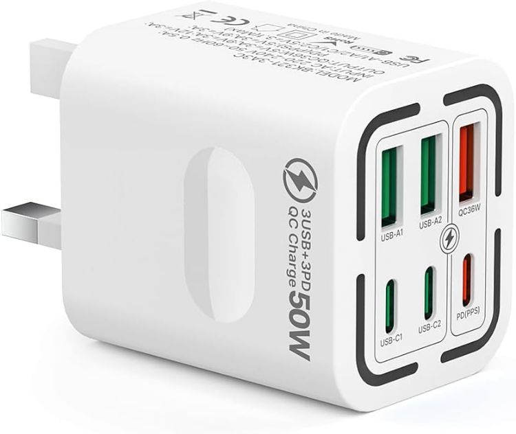 Picture of USB C Plug Fast Charge, 50W 6-Port Multi USB Charger Plug UK, 30W PD/PPS + 20W QC Power Adapter, Mains Type C Charging Plug for iPhone 17 16 15 14 13 12 11 Pro Max, iPad, Samsung Galaxy