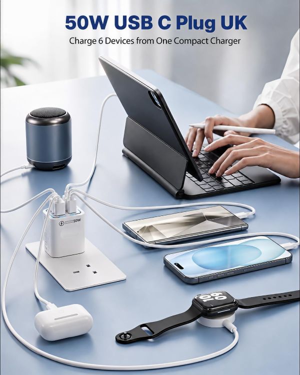 Picture of USB C Plug Fast Charge, 50W 6-Port Multi USB Charger Plug UK, 30W PD/PPS + 20W QC Power Adapter, Mains Type C Charging Plug for iPhone 17 16 15 14 13 12 11 Pro Max, iPad, Samsung Galaxy