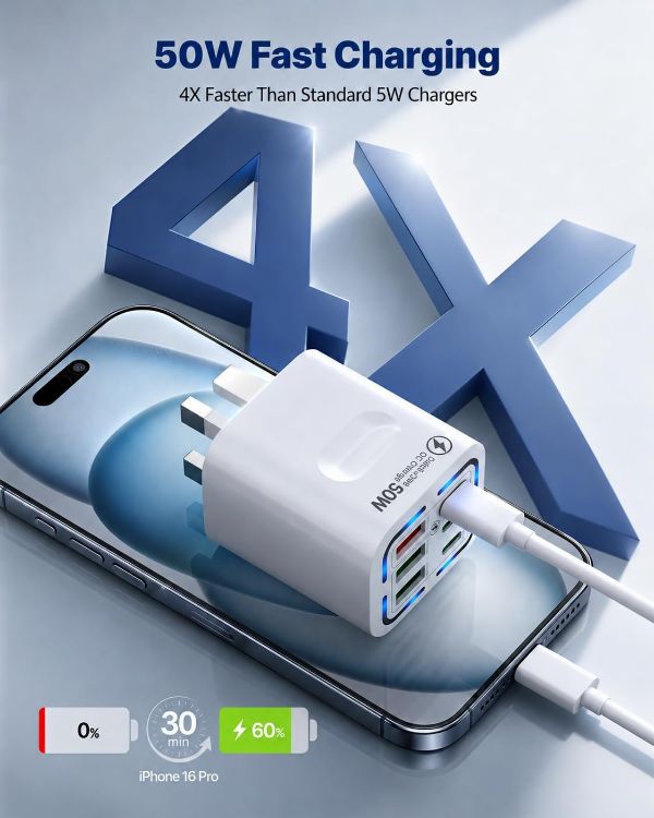 Picture of USB C Plug Fast Charge, 50W 6-Port Multi USB Charger Plug UK, 30W PD/PPS + 20W QC Power Adapter, Mains Type C Charging Plug for iPhone 17 16 15 14 13 12 11 Pro Max, iPad, Samsung Galaxy