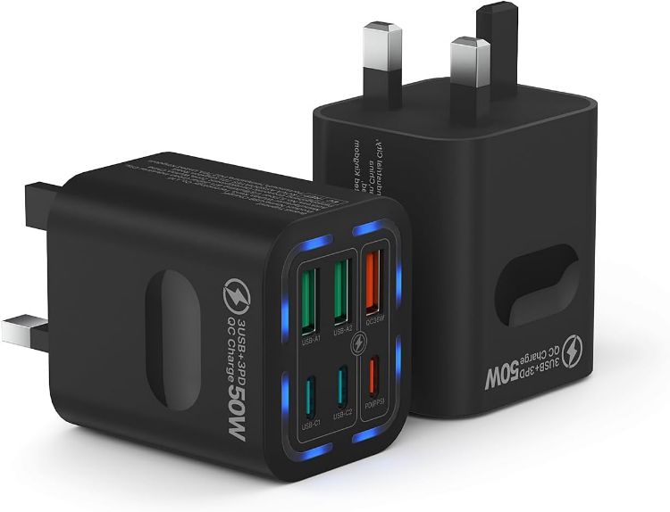 Picture of 2 Pack USB C Plug UK 50W, Tupneuf 6 Port USB Charger with 30W PD/PPS & 20W QC, Multiport Fast Charger for iPhone 17 16 15 Pro Max, iPad Pro Air, Samsung Galaxy S25 S24 S23, Android Phone, Black, Set