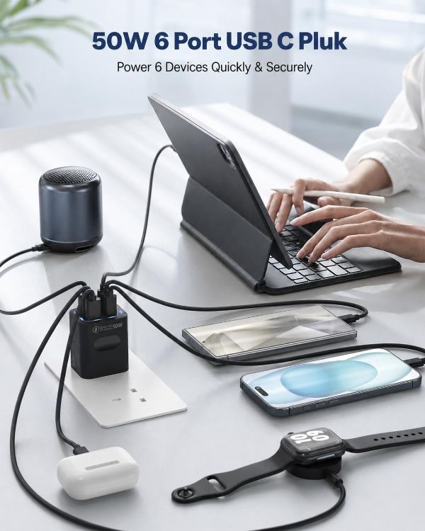Picture of 2 Pack USB C Plug UK 50W, Tupneuf 6 Port USB Charger with 30W PD/PPS & 20W QC, Multiport Fast Charger for iPhone 17 16 15 Pro Max, iPad Pro Air, Samsung Galaxy S25 S24 S23, Android Phone, Black, Set
